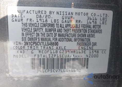 2020 Nissan Kicks Sv Xtronic Cvt from USA, damaged, VIN 3N1CP5CV7LL546690